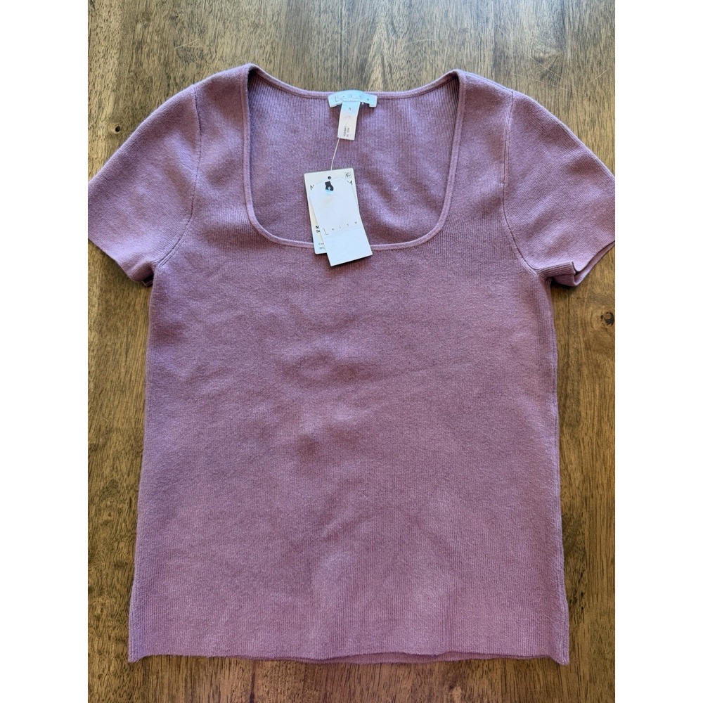 NWT Leith Nordstrom Womens Medium Ribbed Short Sleeve Square Neck Knit Top Taupe